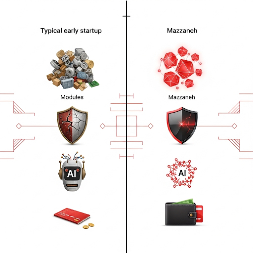 Mazzaneh comparison visual: modules, trust, AI, wallet