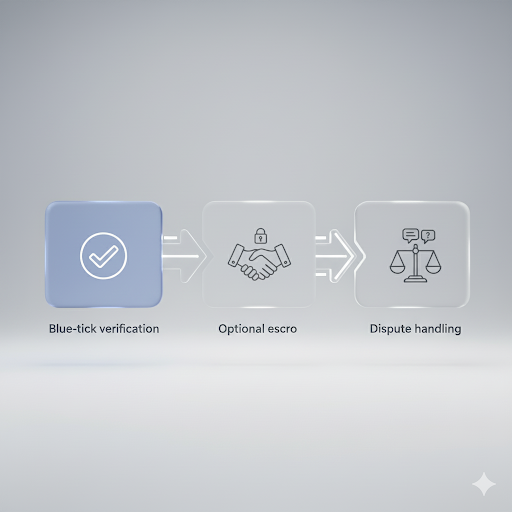Trust & Safety flow: blue tick, optional escrow, disputes