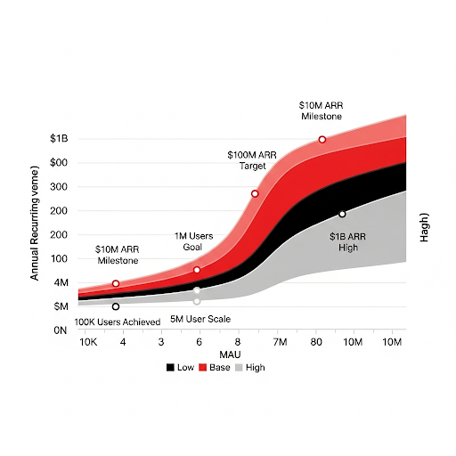 Valuation chart with low/base/high bands and MAU/ARR milestones