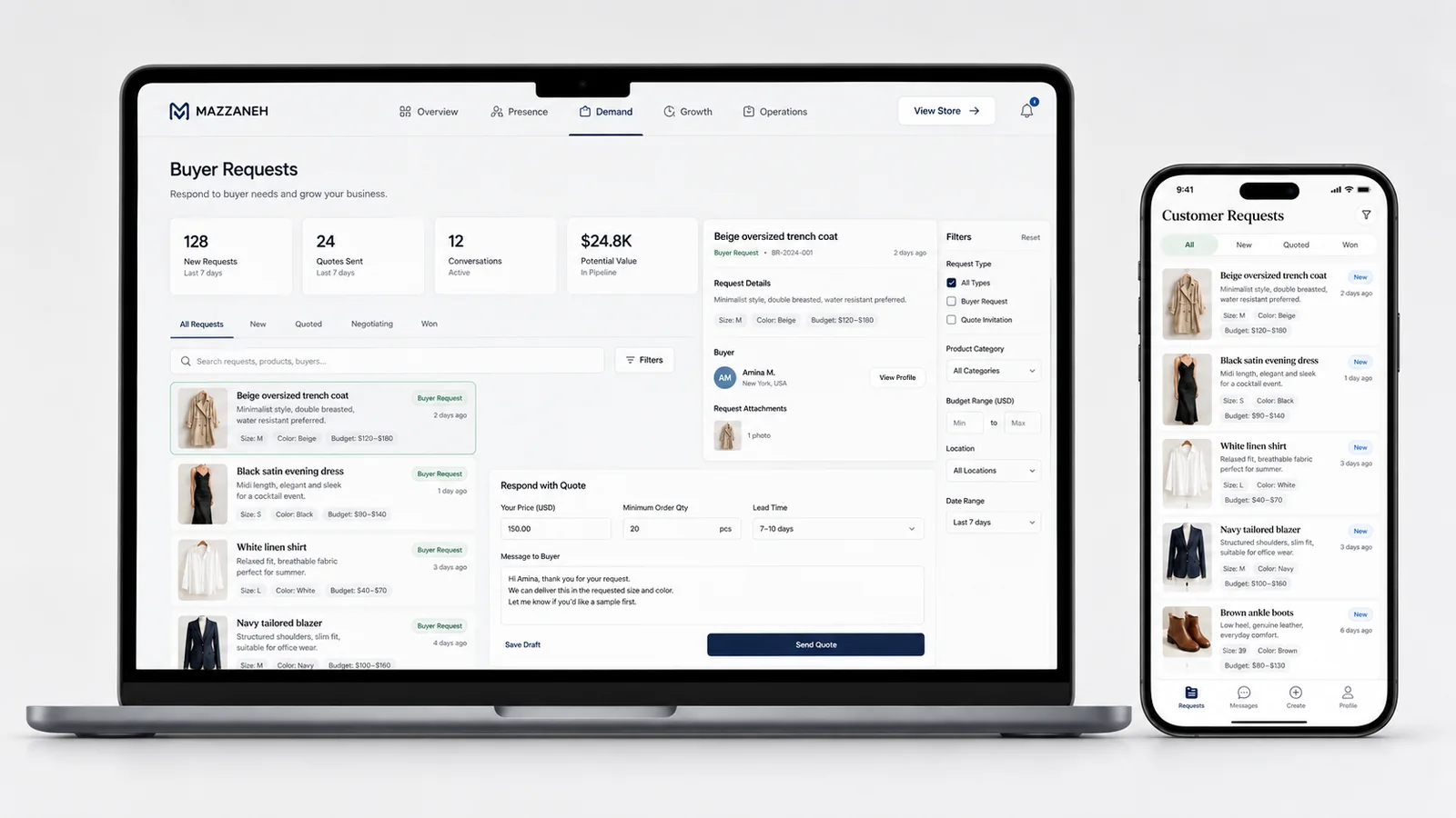 Buyer requests dashboard on desktop and mobile