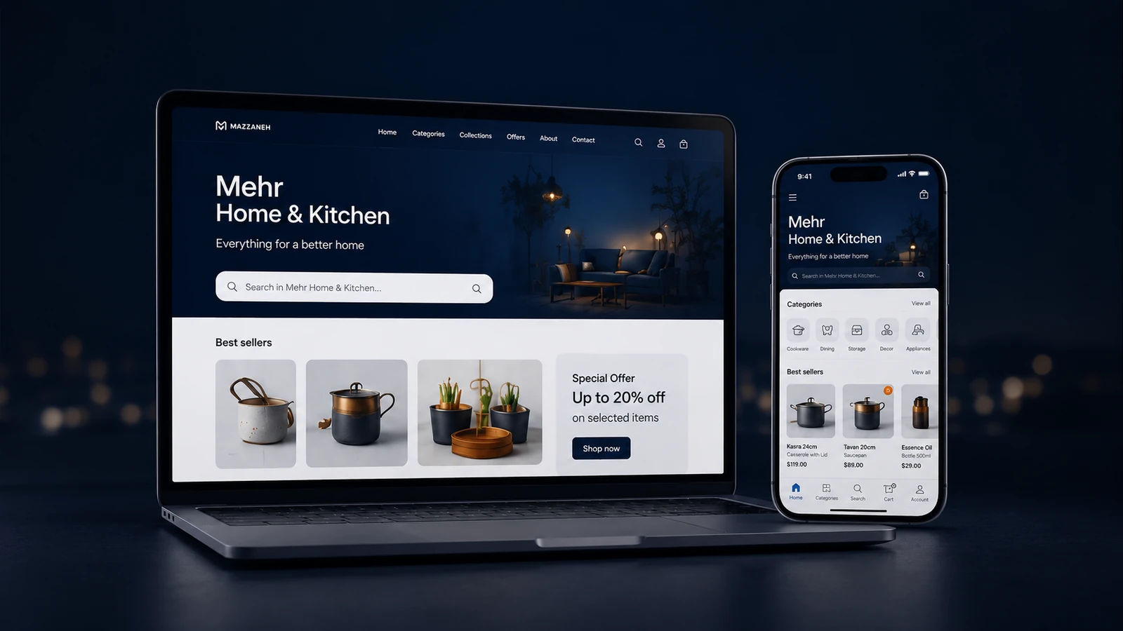 Mehr Home & Kitchen business surface on web and mobile