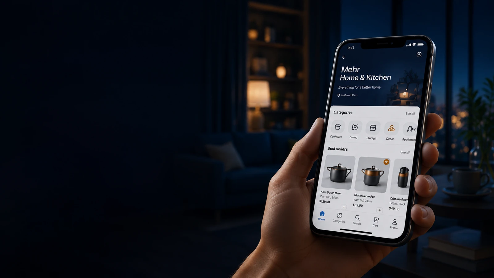 A seller storefront experience shown on a phone in a dark home interior