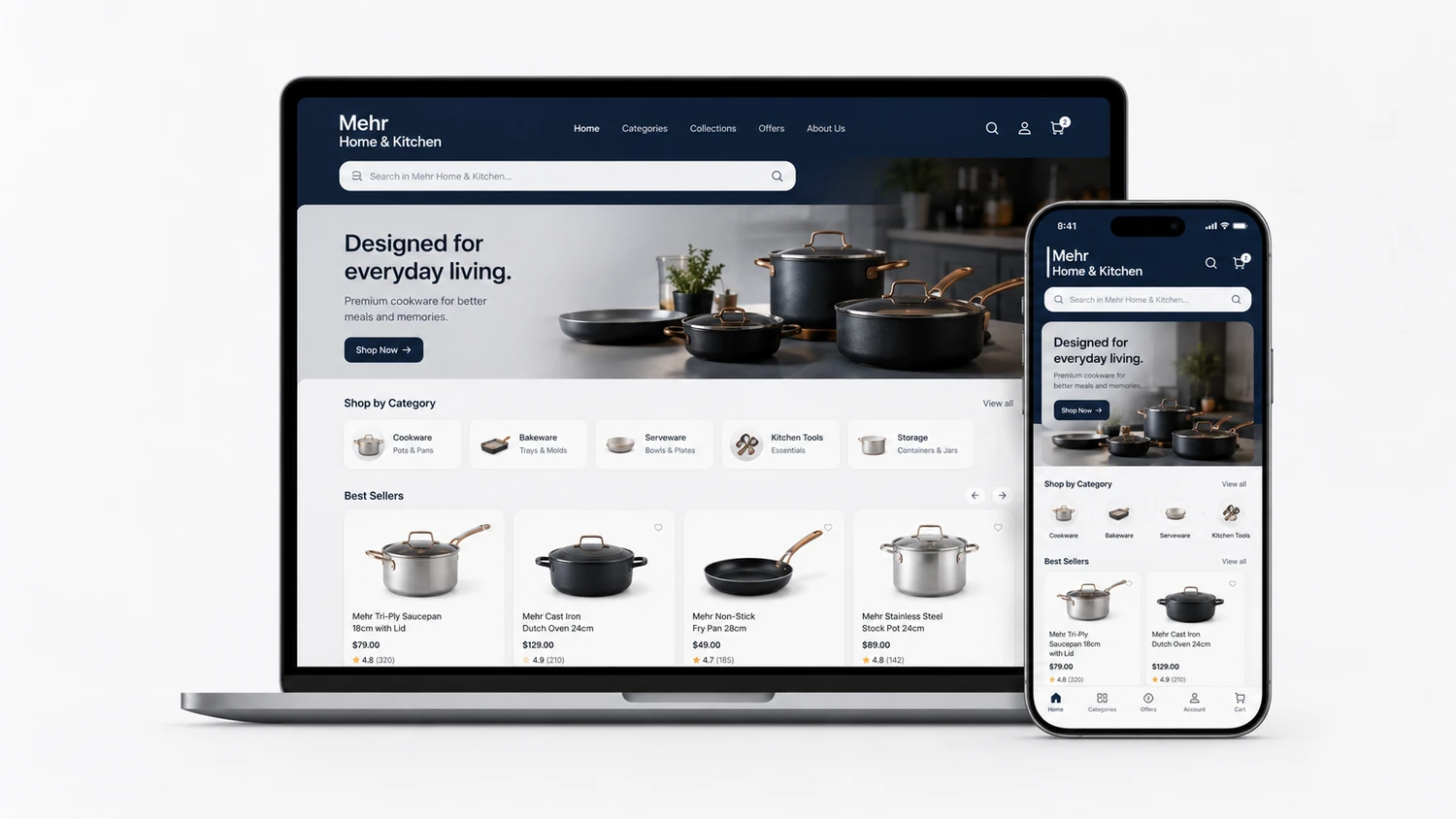 Mehr Home & Kitchen storefront shown on laptop and mobile