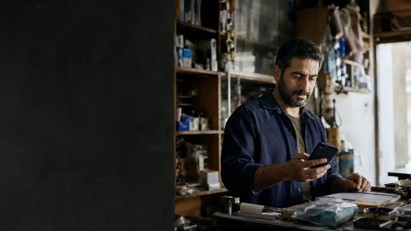 Seller using a phone inside a local business