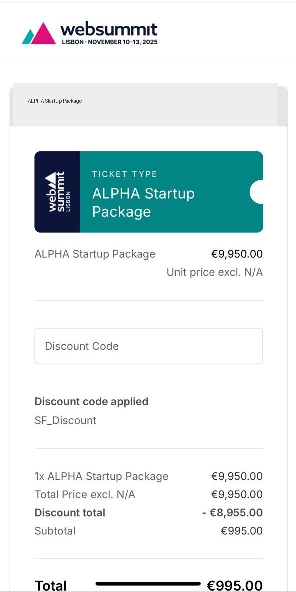 Redacted Web Summit ALPHA startup package summary showing the original package, discount and €995 subtotal