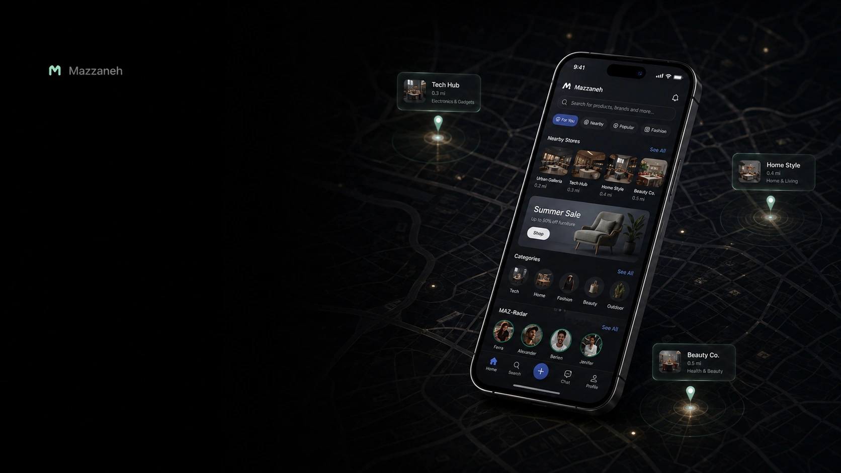 Conceptual local city map with Mazzaneh mobile commerce signals and nearby businesses