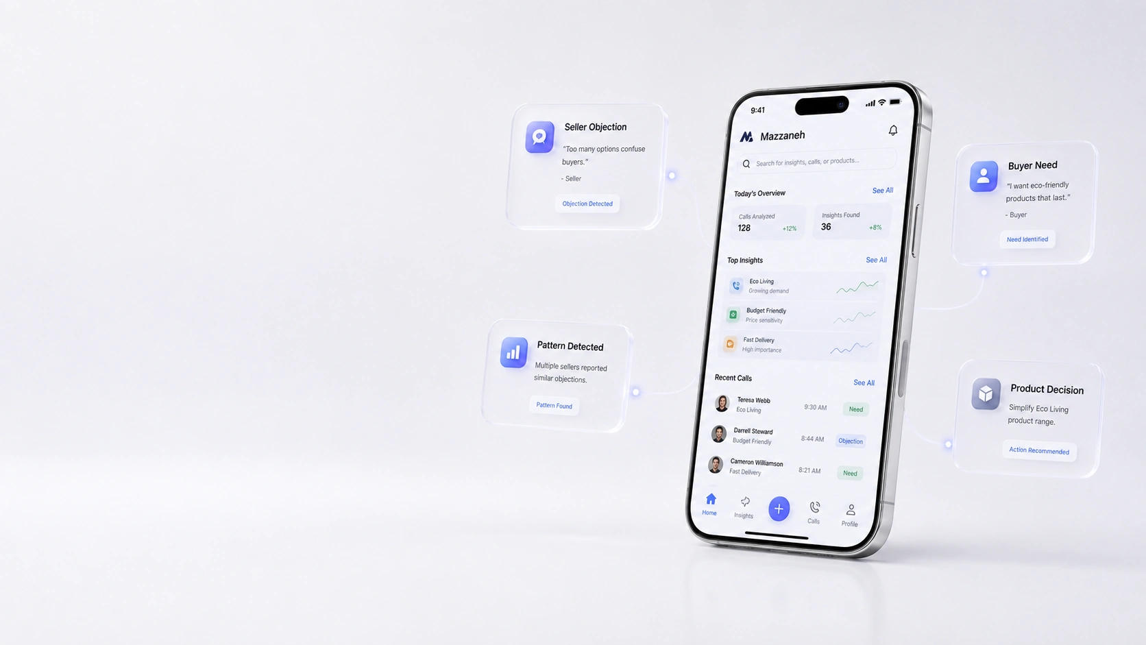 Conceptual interface showing seller objections, buyer needs, patterns and product decisions