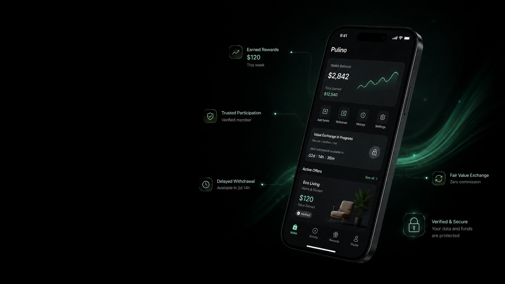 Conceptual Pulino wallet and value-exchange interface